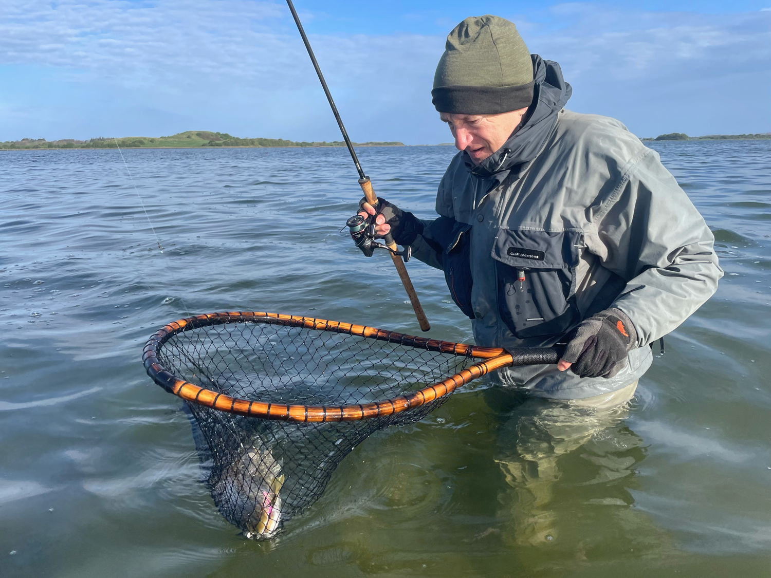 En blank fisk p ca. 55 cm er i nettet. Den lyserde ophnger kan anes.